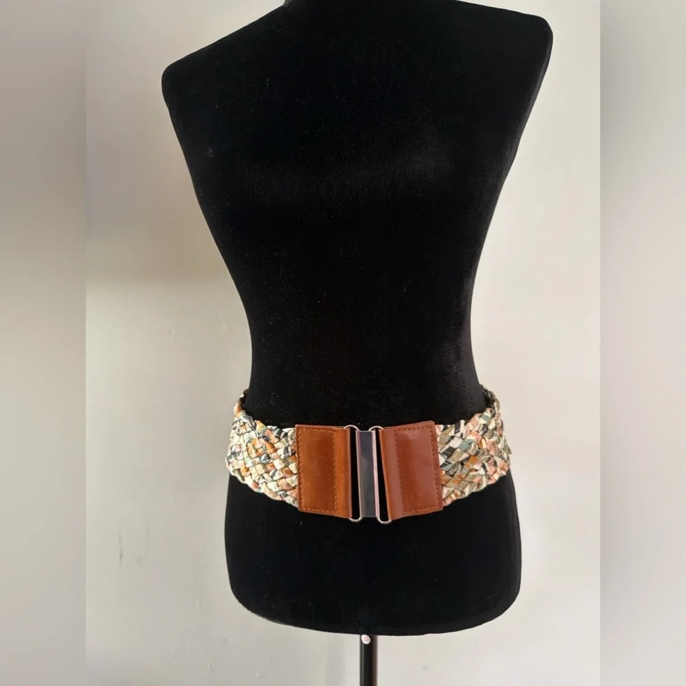 Braided Multicolor Stretch Belt with Brown Leather Accents
